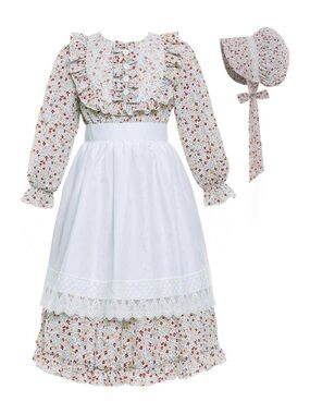 NWOT Girls Prairie Costume Dress Kids Floral Pioneer Colonial Village Girl